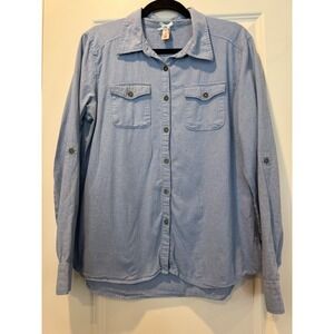 Downeast Womens Blue Cotton Roll Tab Sleeve Button Down Shirt Large RN117609